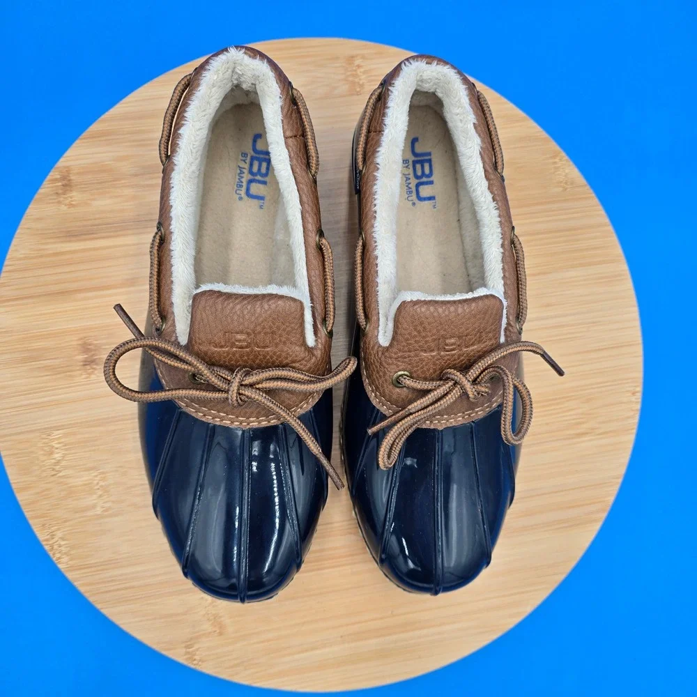 JBU by Jambu Woodbury Duck Boots Navy Brown Waterproof Faux Fur Lined Size‎ 6M